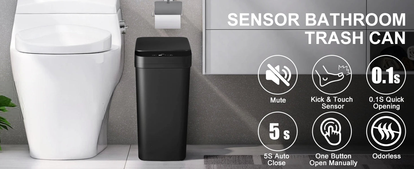 2 Pack 12L Bathroom Automatic Trash Can Touchless Motion Sensor Slim Garbage Can  Lid for Bedroom Living room Office Black