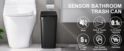 2 Pack 12L Bathroom Automatic Trash Can Touchless Motion Sensor Slim Garbage Can  Lid for Bedroom Living room Office Black