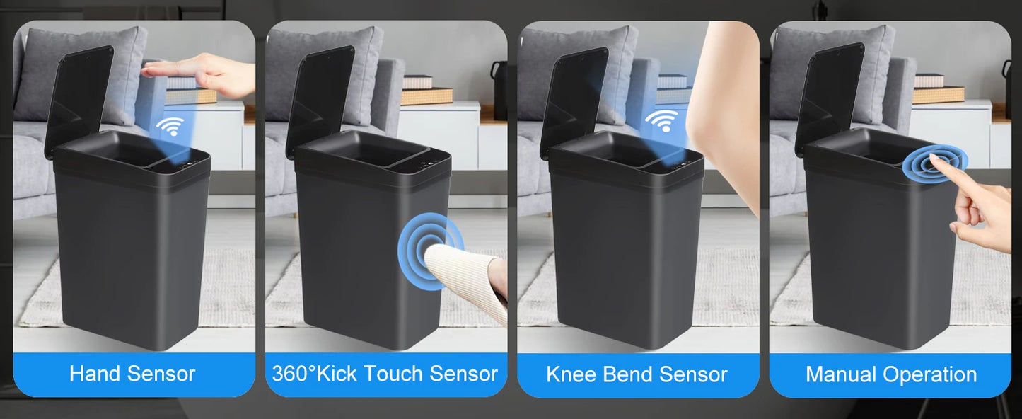 2 Pack 12L Bathroom Automatic Trash Can Touchless Motion Sensor Slim Garbage Can  Lid for Bedroom Living room Office Black